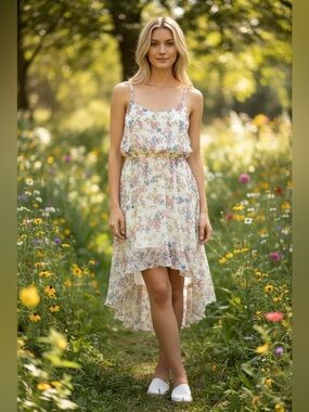 Poetry High-Low Floral Dress Cottagecore Sundress Spaghetti Straps S